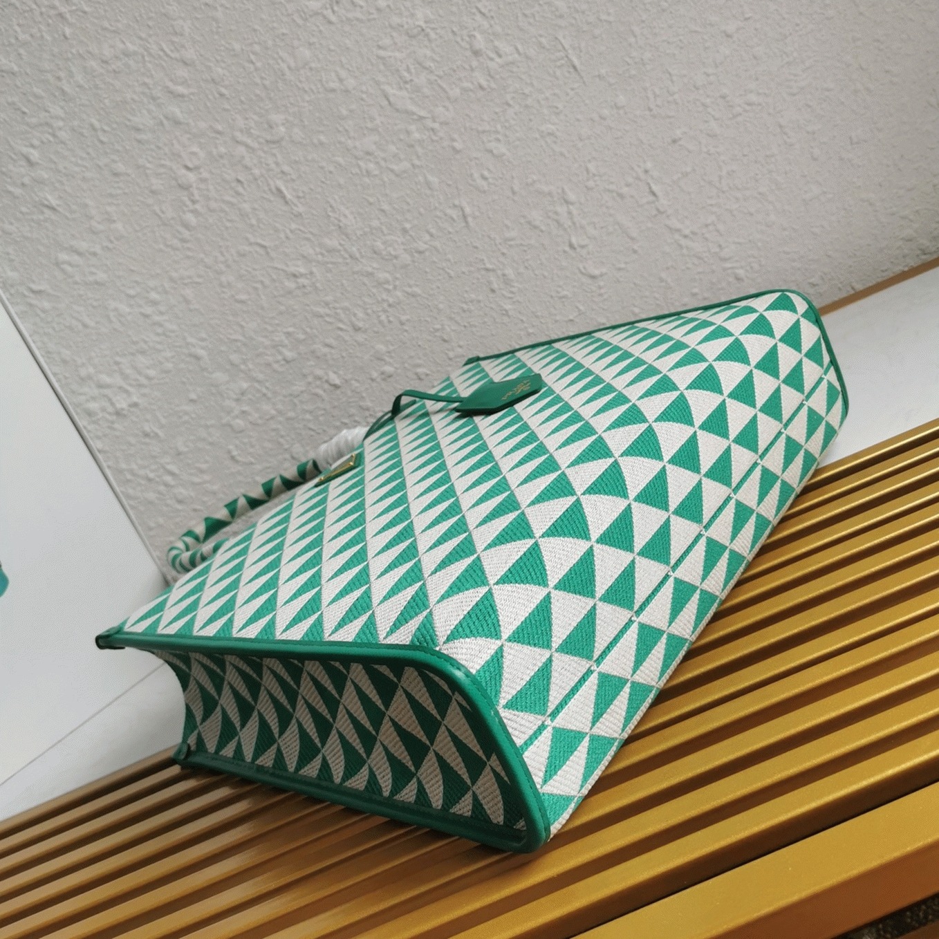 Prada Symbole Large Bag Fake in Green/White Jacquard Fabric angle 4