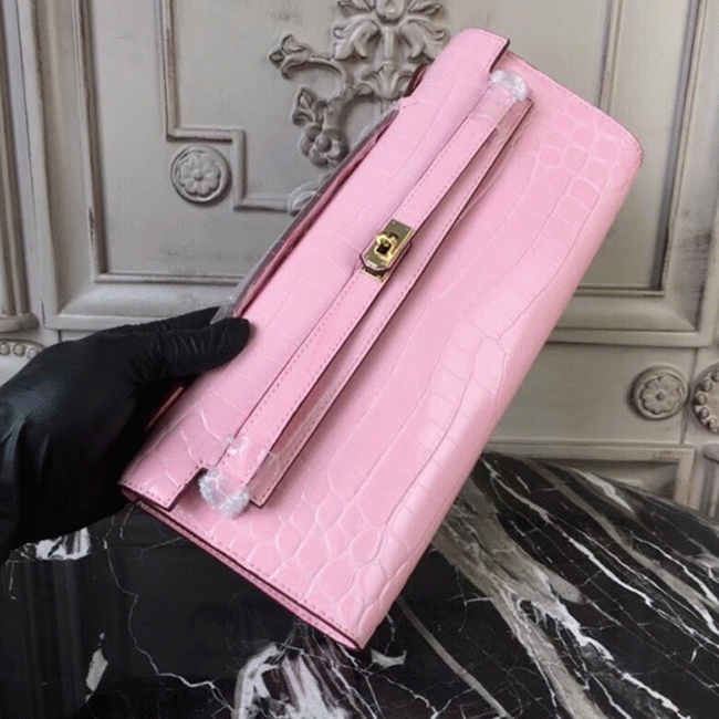 Pink Crocodile Replica Hermes Kelly Cut Clutch Feminine Tote angle 4