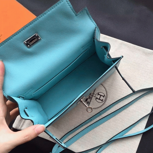 Celeste Swift Leather Fake Hermes Kelly Danse Light Blue Purse angle 3