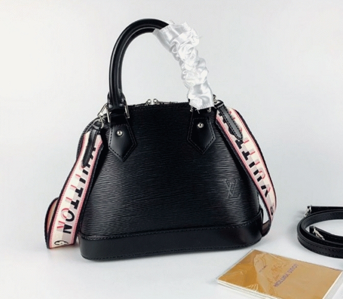 Louis Vuitton Epi Leather Alma BB Handbag In Black With Jacquard Strap angle 5