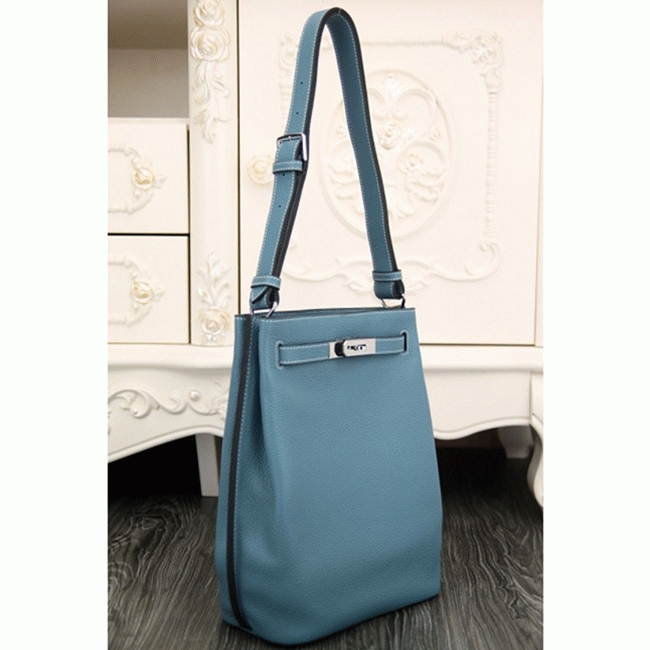 Jean Blue Leather Fake Hermes So Kelly 22cm Casual Handbag angle 3