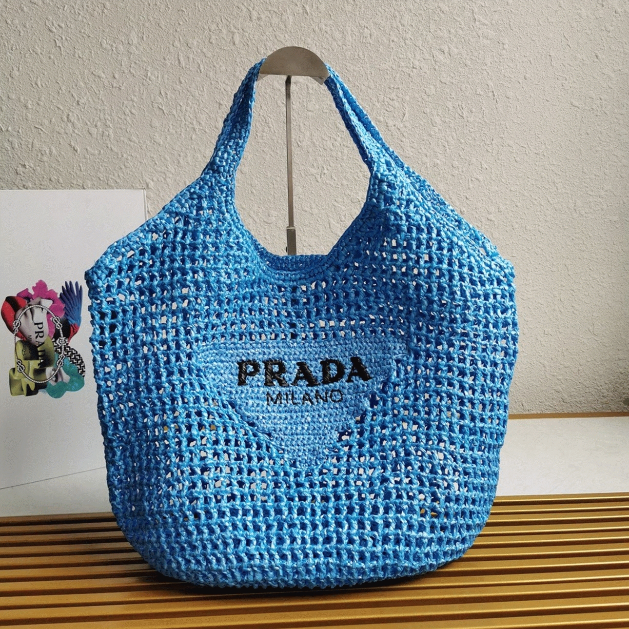 Prada Large Tote Bag in Blue Woven Raffia angle 4