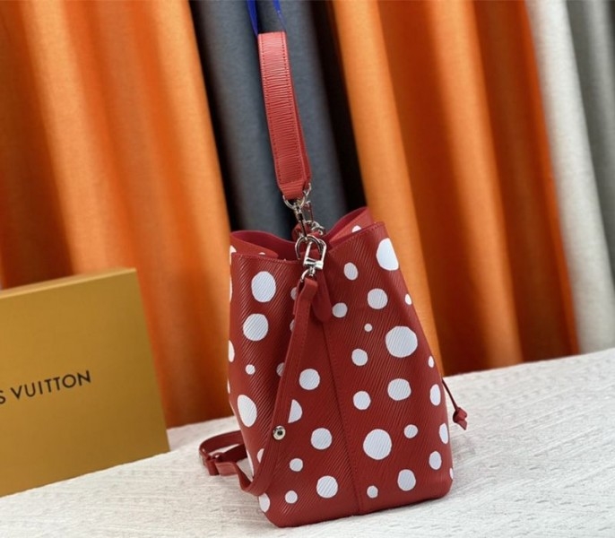 Louis Vuitton X YK Epi Leather NeoNoe MM Red Bag In White Infinity Dots angle 5