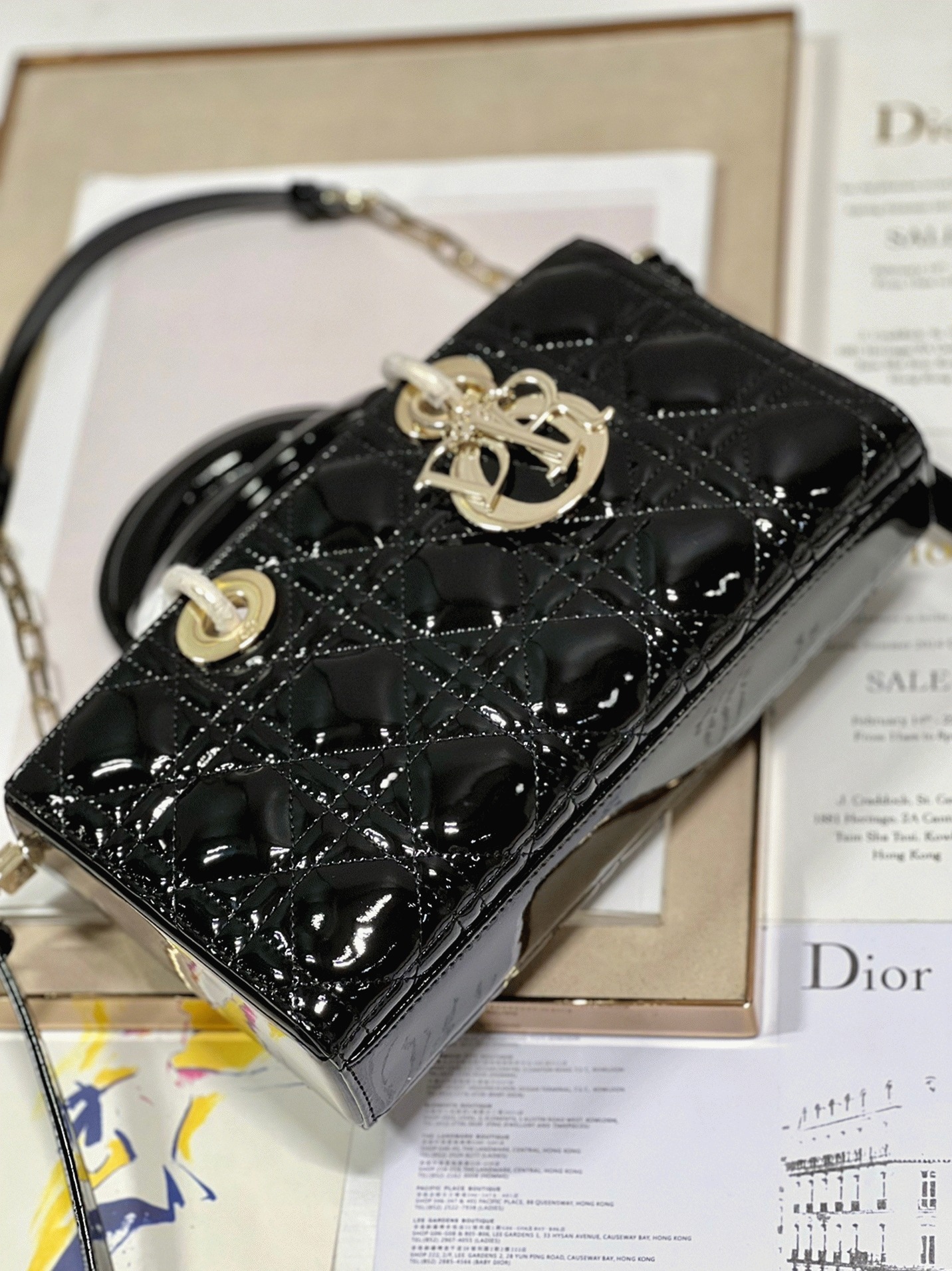 Dior Lady D-Joy Medium Bag Faux in Black Patent Cannage Calfskin angle 3