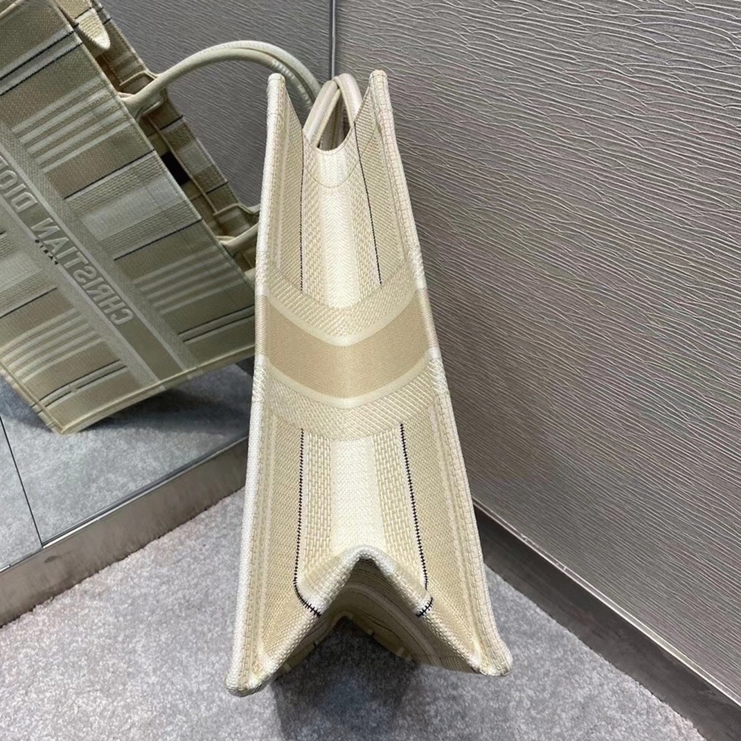Dior Large Book Tote Bag Replica in Beige Stripes Embroidery angle 4