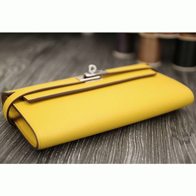 Yellow replica Hermes Kelly Longue wallet angle 2