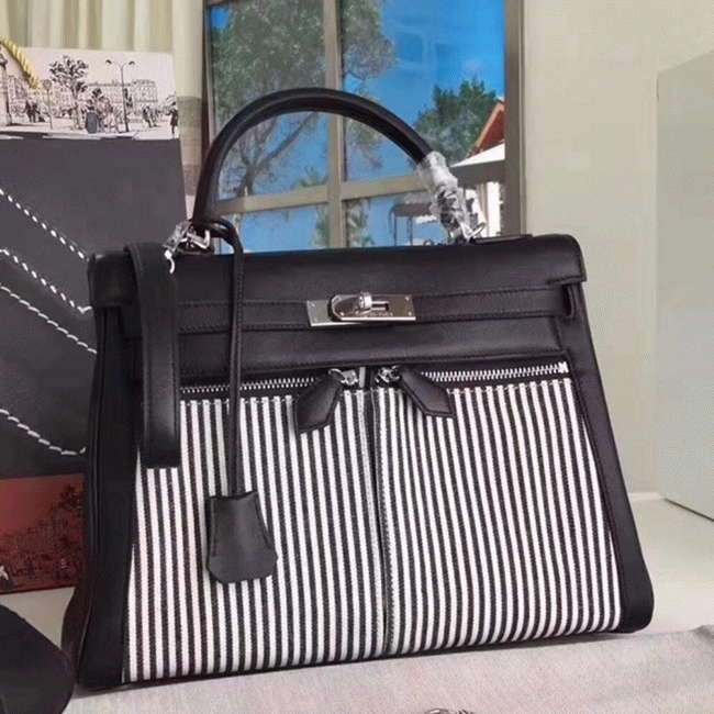 Black Toile Swift Knockoff Hermes Kelly Lakis 32cm Hybrid Bag