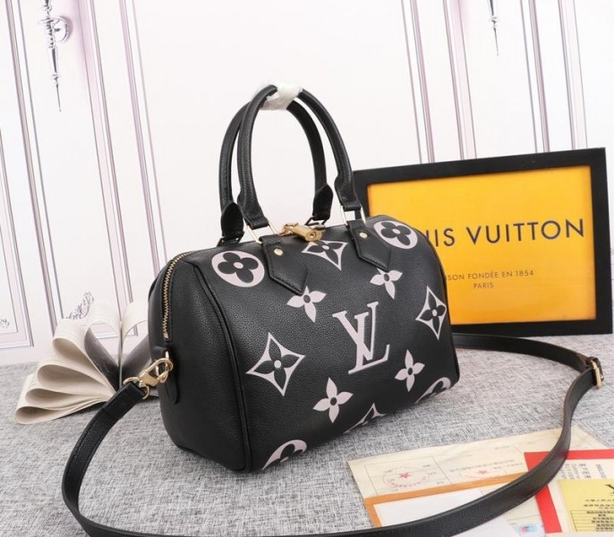 Louis Vuitton Bicolor Monogram Empreinte Leather Speedy Bandouliere 25 Handbag In Black And Lilac angle 2