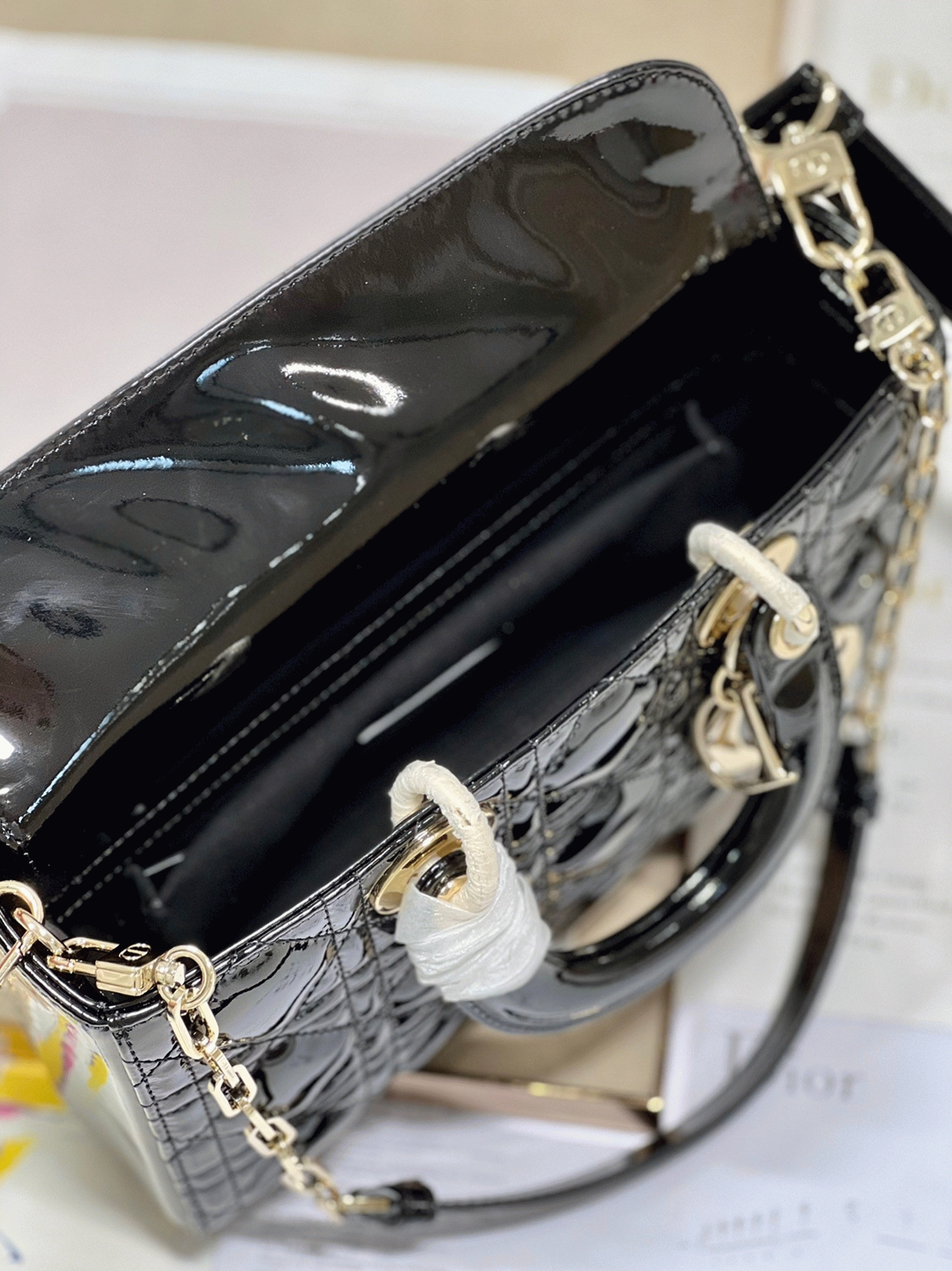 Dior Lady D-Joy Medium Bag Faux in Black Patent Cannage Calfskin angle 2