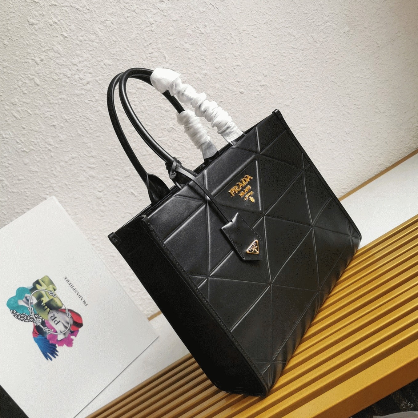Prada Symbole Medium Bag Replica with Topstitching in Black angle 3
