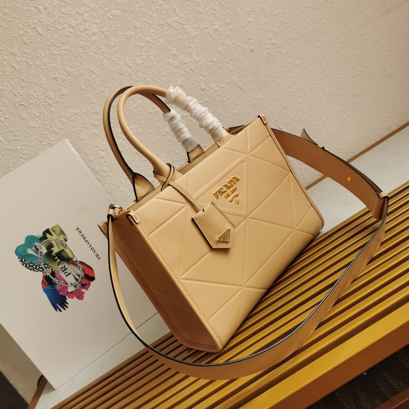 Prada Symbole Small Bag Imitation with Topstitching in Beige angle 4