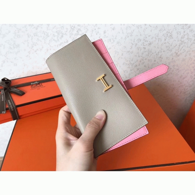 Grey Pink Epsom Knockoff Hermes Bearn Wallet angle 2