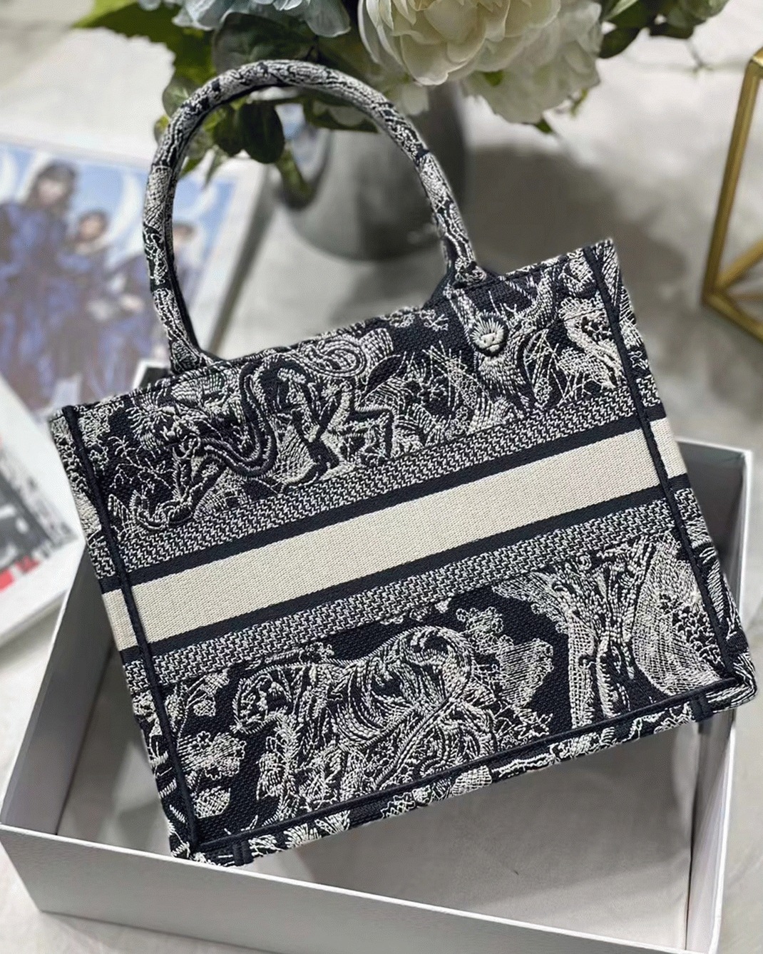 Dior Small Book Tote Bag Knockoff in Blue Toile de Jouy Reverse Embroidery angle 2