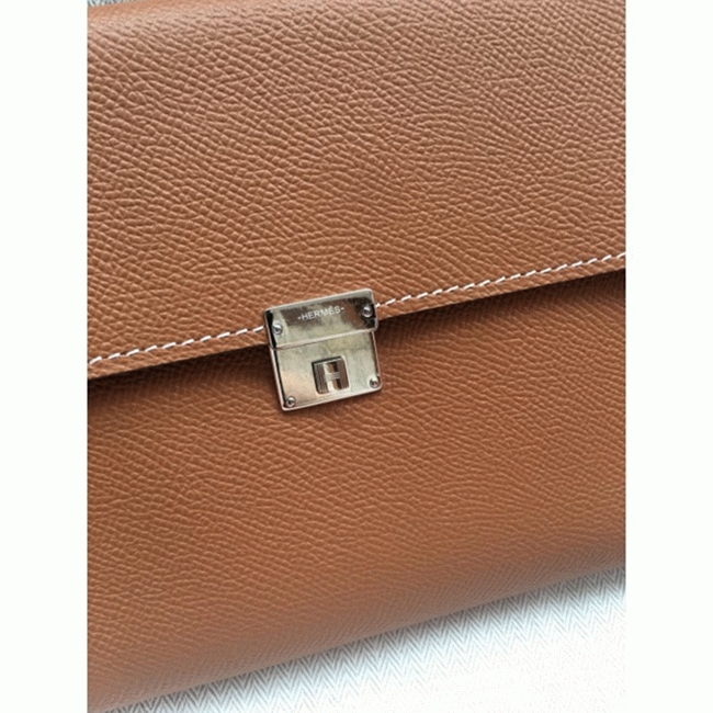 Brown perfect fake Hermes Clic wallet with strap angle 4