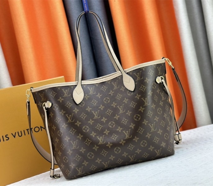 Louis Vuitton Neverfull Bandouliere Inside Out MM Tote In Monogram Canvas And Beige Textile And Leather