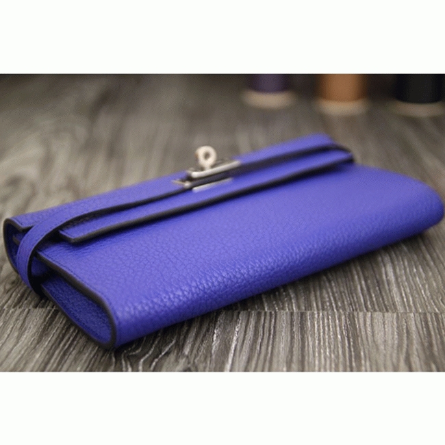 Electric blue 1:1 replica Hermes Kelly Longue wallet angle 5
