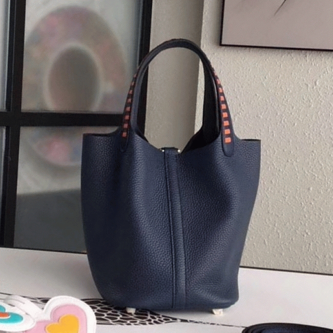 Navy blue fake Hermes Picotin Lock 22cm handbag with braided handles