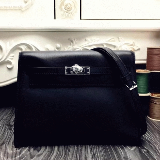 Black Swift Leather Replica Hermes Kelly Danse Versatile Handbag