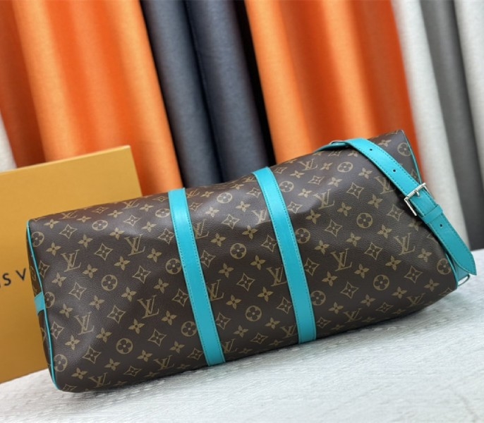Louis Vuitton Monogram Macassar Canvas Keepall Bandouliere 50 In Turquoise Blue angle 5