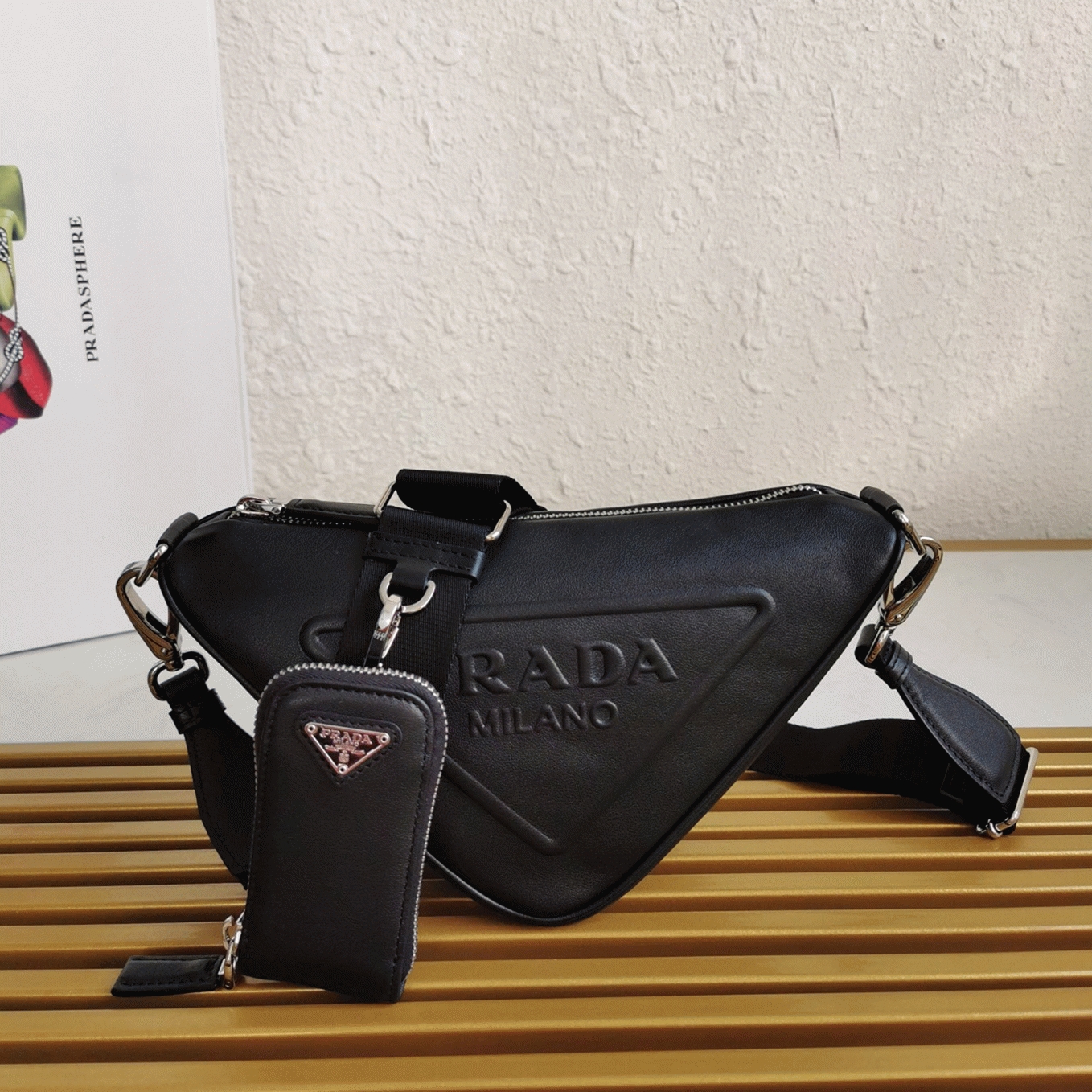 Prada Triangle Shoulder Bag Knockoff in Black angle 3