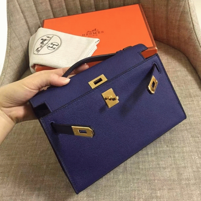 Sapphire Epsom Top Fake Hermes Kelly Pochette Deep Blue Clutch angle 3