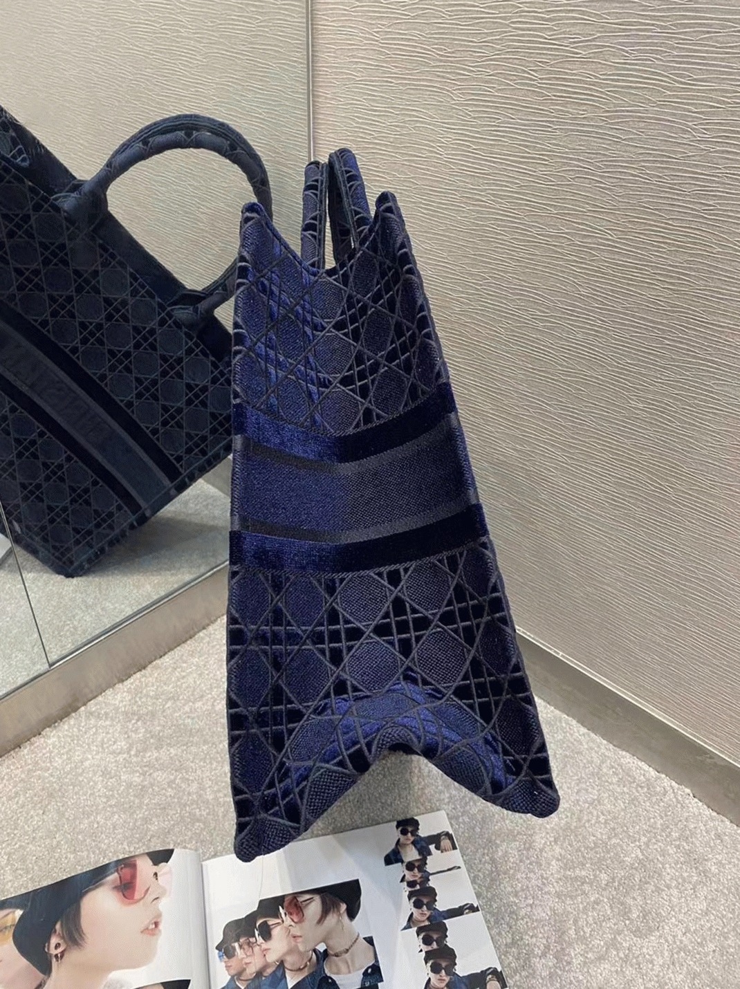 Dior Large Book Tote Bag Knockoff in Blue Cannage Embroidered Velvet angle 3