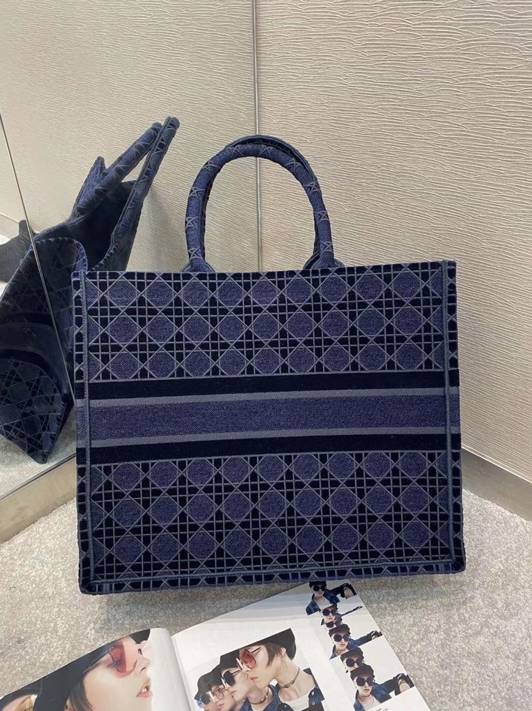 Dior Large Book Tote Bag Knockoff in Blue Cannage Embroidered Velvet angle 2
