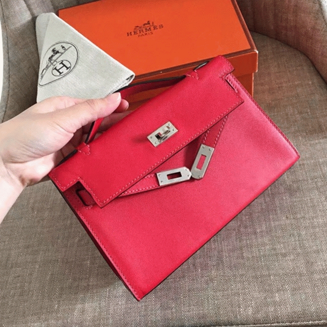 Red Swift Top Fake Hermes Kelly Pochette Statement Clutch angle 3
