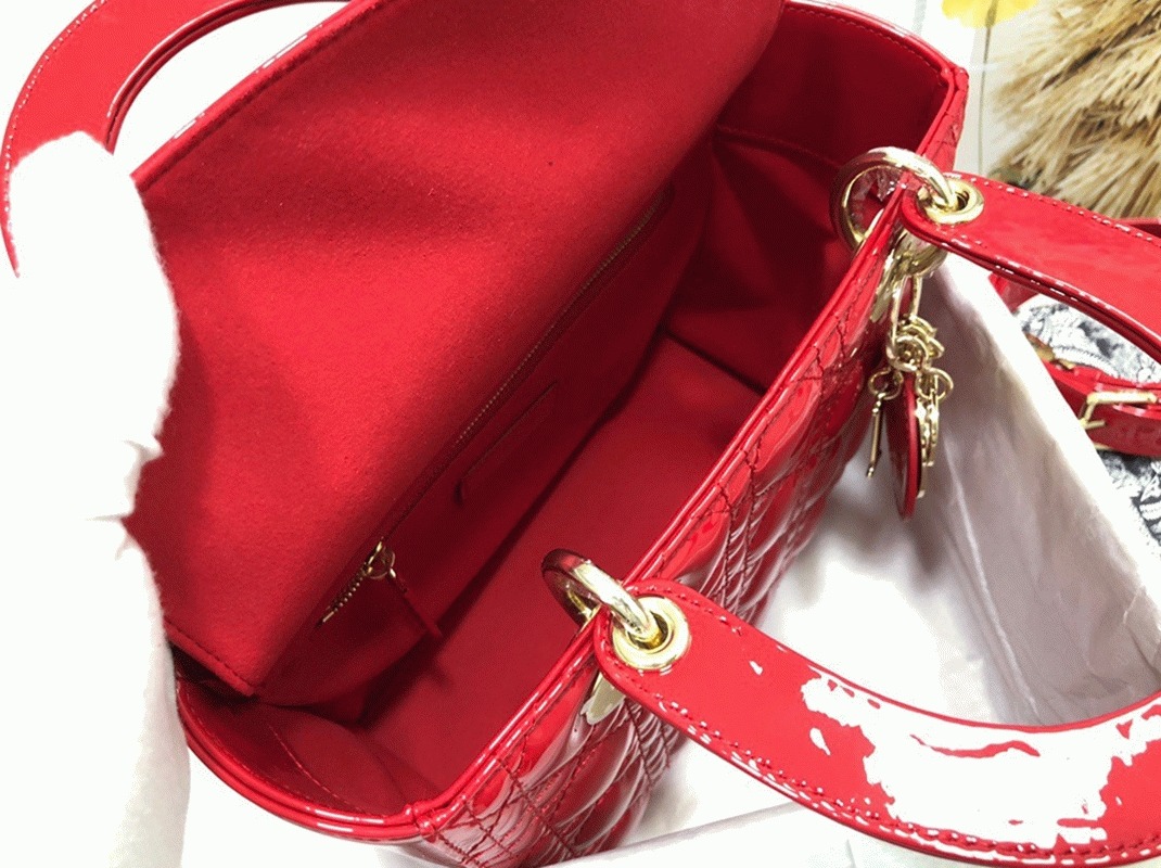 Dior Small Lady Dior Bag Replica in Red Patent Cannage Calfskin angle 5