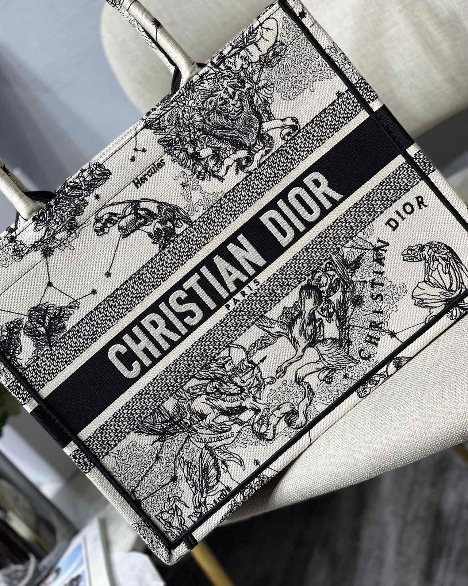 Dior Large Book Tote Bag Replica in White Toile de Jouy Zodiac Embroidery angle 4