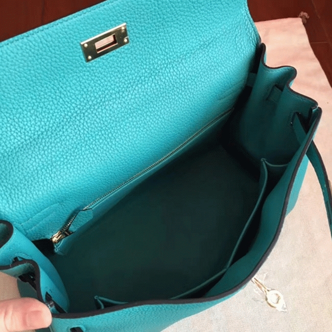Blue Paon Clemence Fake Hermes Kelly Retourne 32cm Handbag angle 3