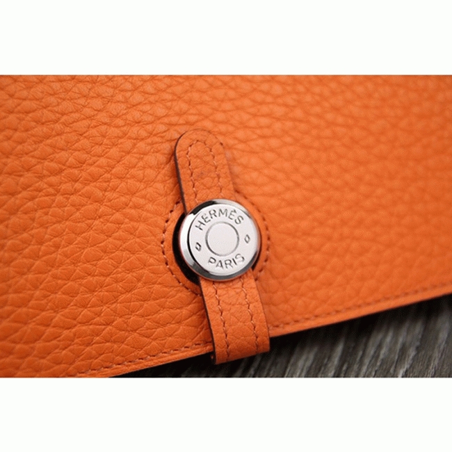 Orange knockoff designer Hermes Dogon combine wallet angle 3
