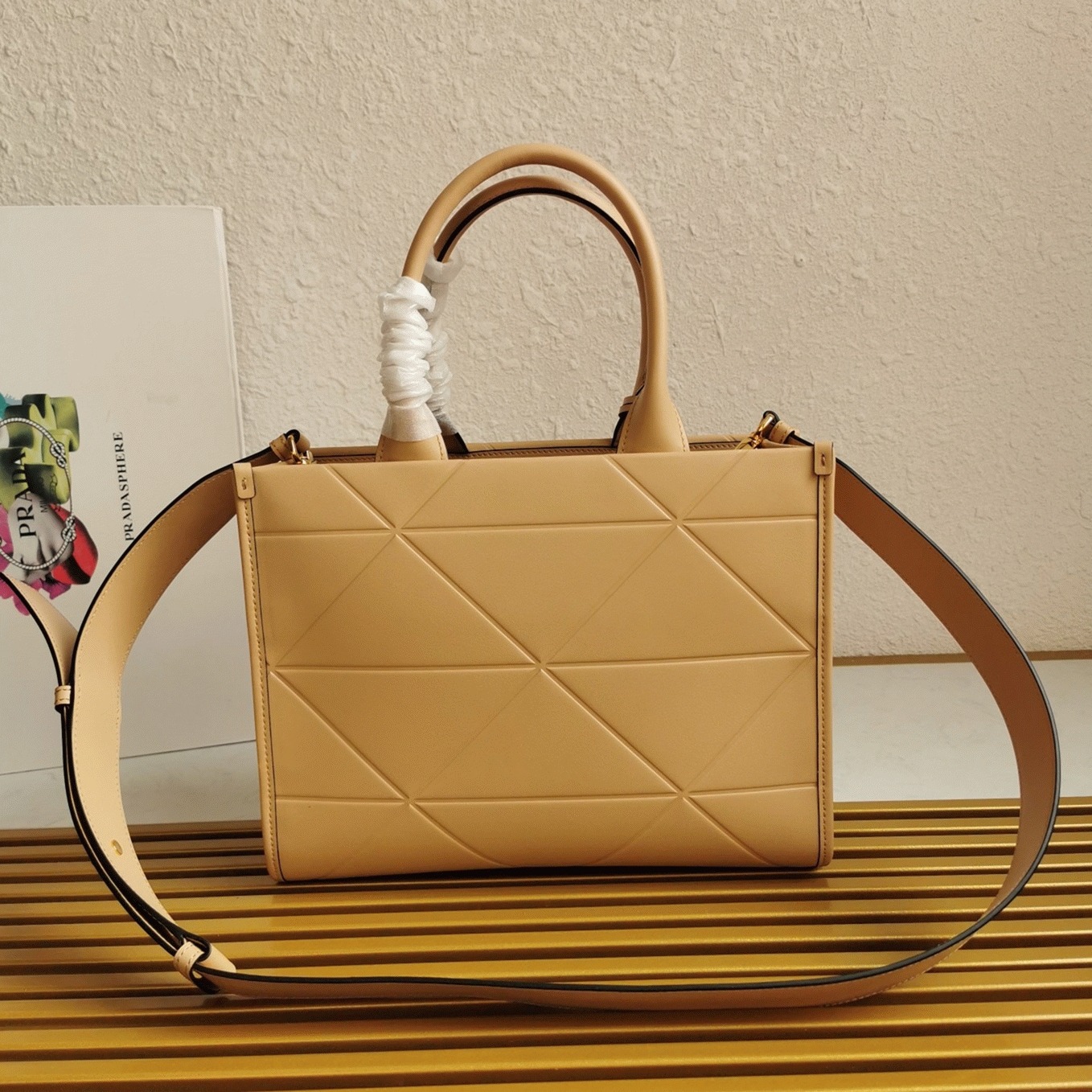 Prada Symbole Small Bag Imitation with Topstitching in Beige angle 3
