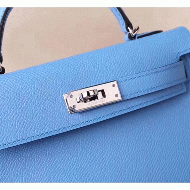 Celeste Epsom Replica Hermes Kelly 20cm Soft Blue Purse angle 4