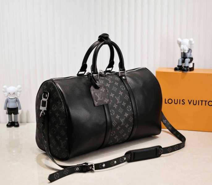 Louis Vuitton Taiga Leather Keepall Bandouliere 50 Travel Bag In Black angle 2