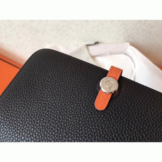 Black orange fake luxury Hermes Dogon duo wallet angle 5
