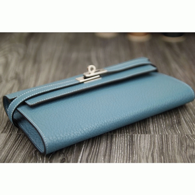 Jean blue knockoff Hermes Kelly Longue wallet angle 2