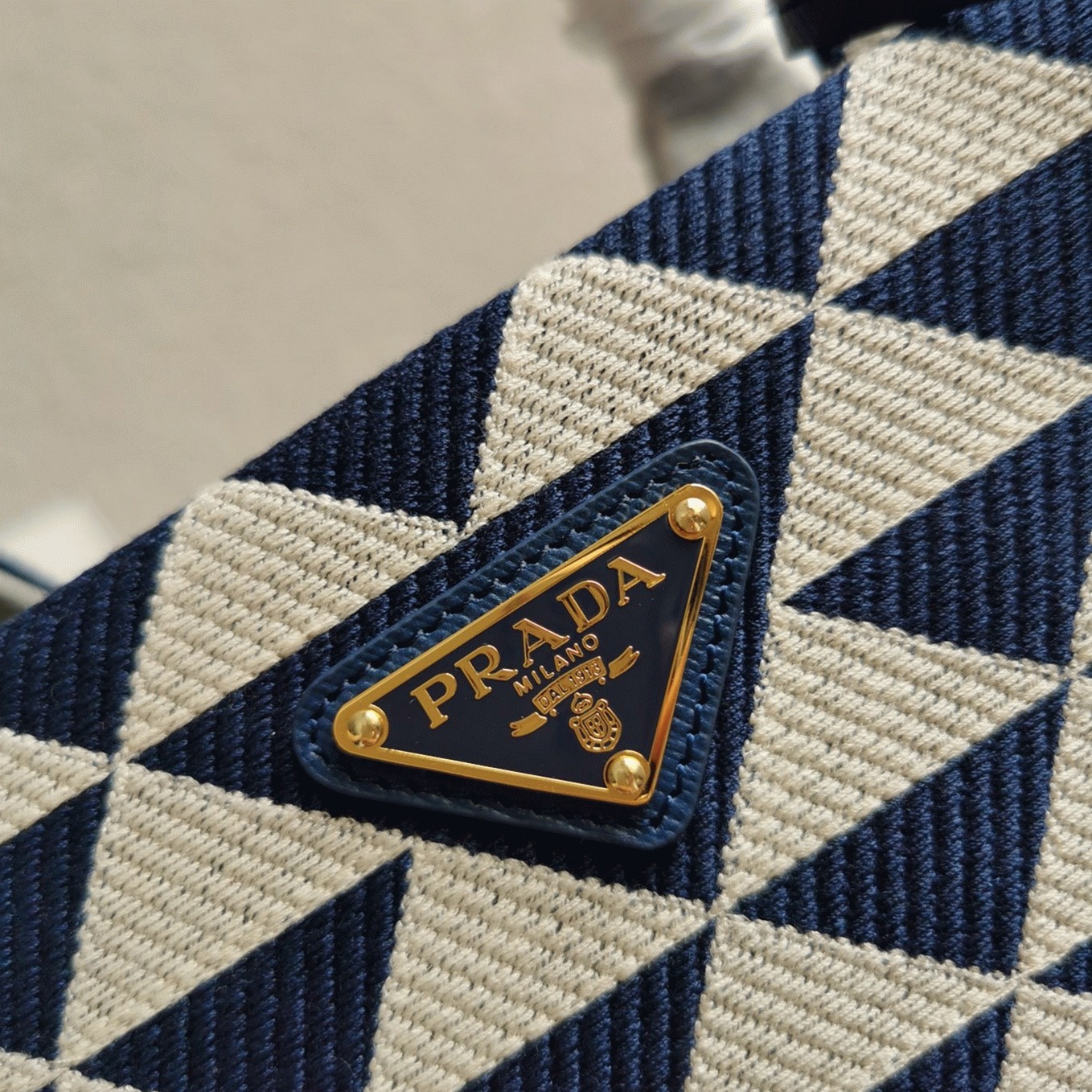 Prada Symbole Large Bag Fake in White/Blue Jacquard Fabric angle 5