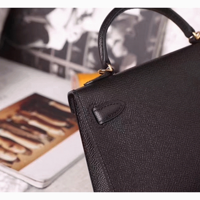 Black Epsom Knockoff Hermes Kelly 20cm Classic Handbag angle 3