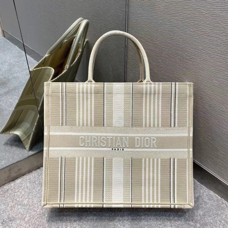 Dior Large Book Tote Bag Replica in Beige Stripes Embroidery