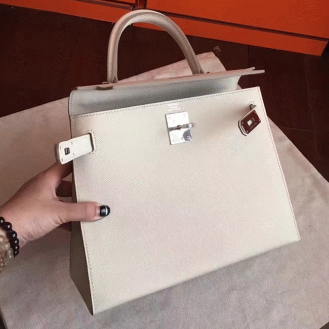 White Epsom Knockoff Hermes Kelly Sellier 28cm Structured Handbag angle 5