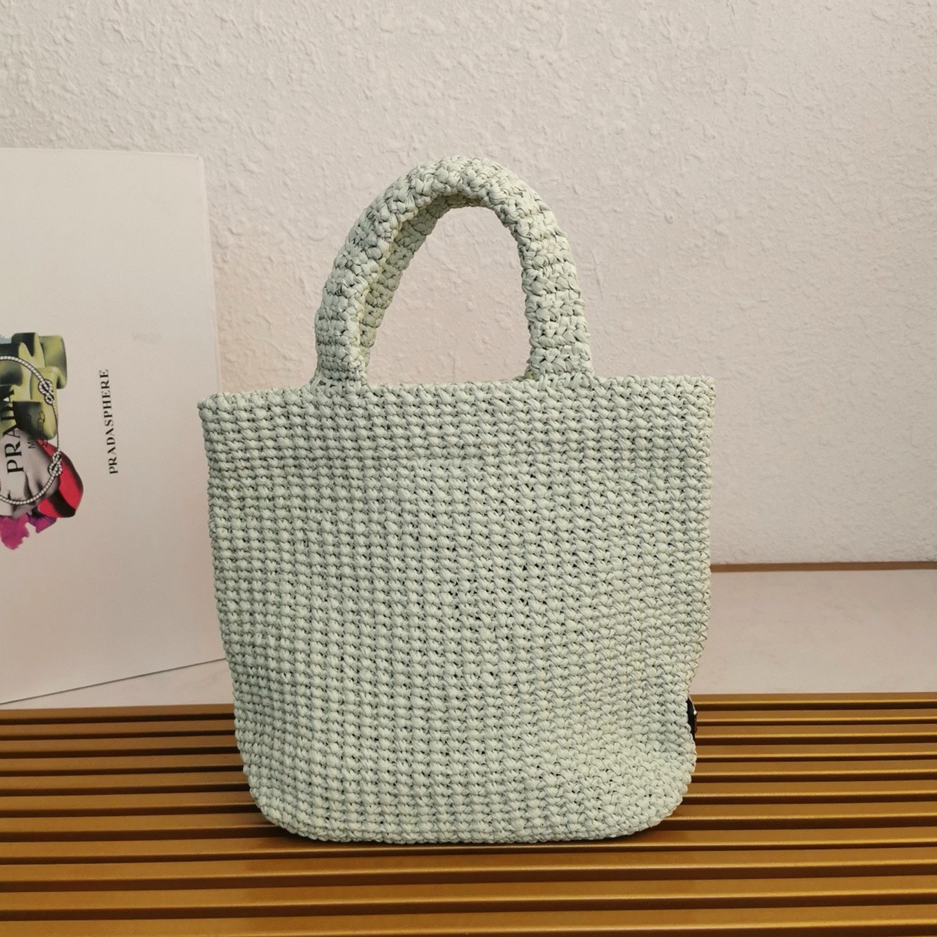 Prada Small Crochet Tote Bag Replica in Aqua Raffia-effect Yarn angle 3