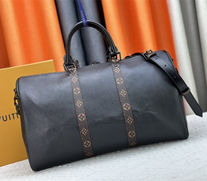 Louis Vuitton Taiga Leather Keepall Bandouliere 45 In Black And Monogram Macassar Canvas angle 3