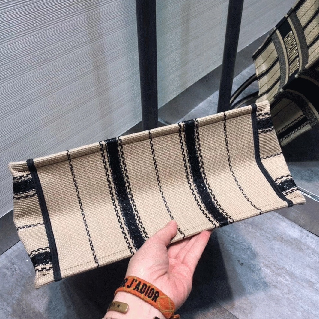 Dior Medium Book Tote Bag Fake in Black and Beige Bayadère Embroidered angle 3