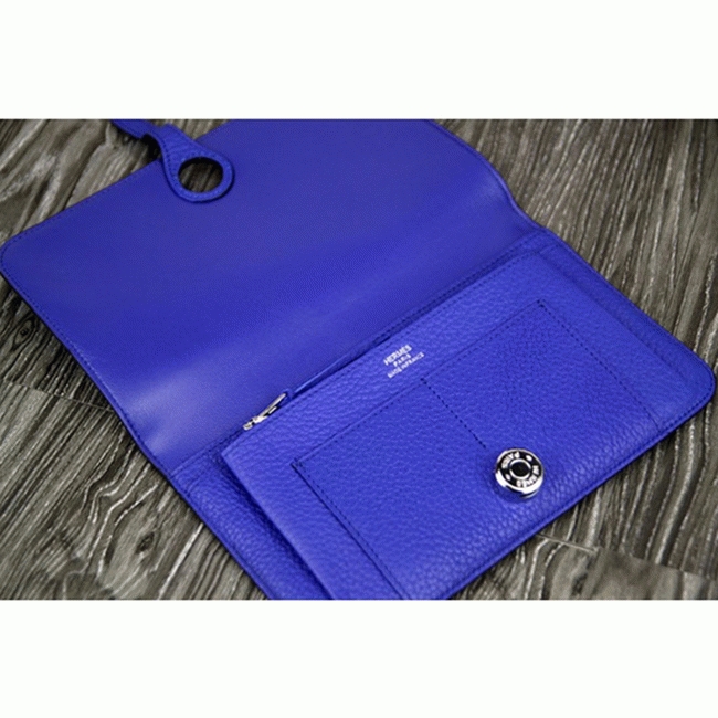 Electric blue designer replica Hermes Dogon combine wallet angle 3