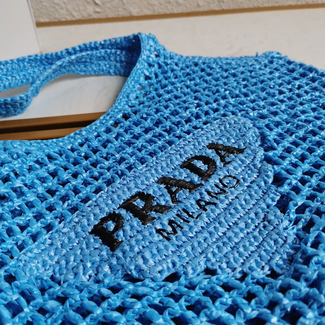 Prada Large Tote Bag in Blue Woven Raffia angle 2