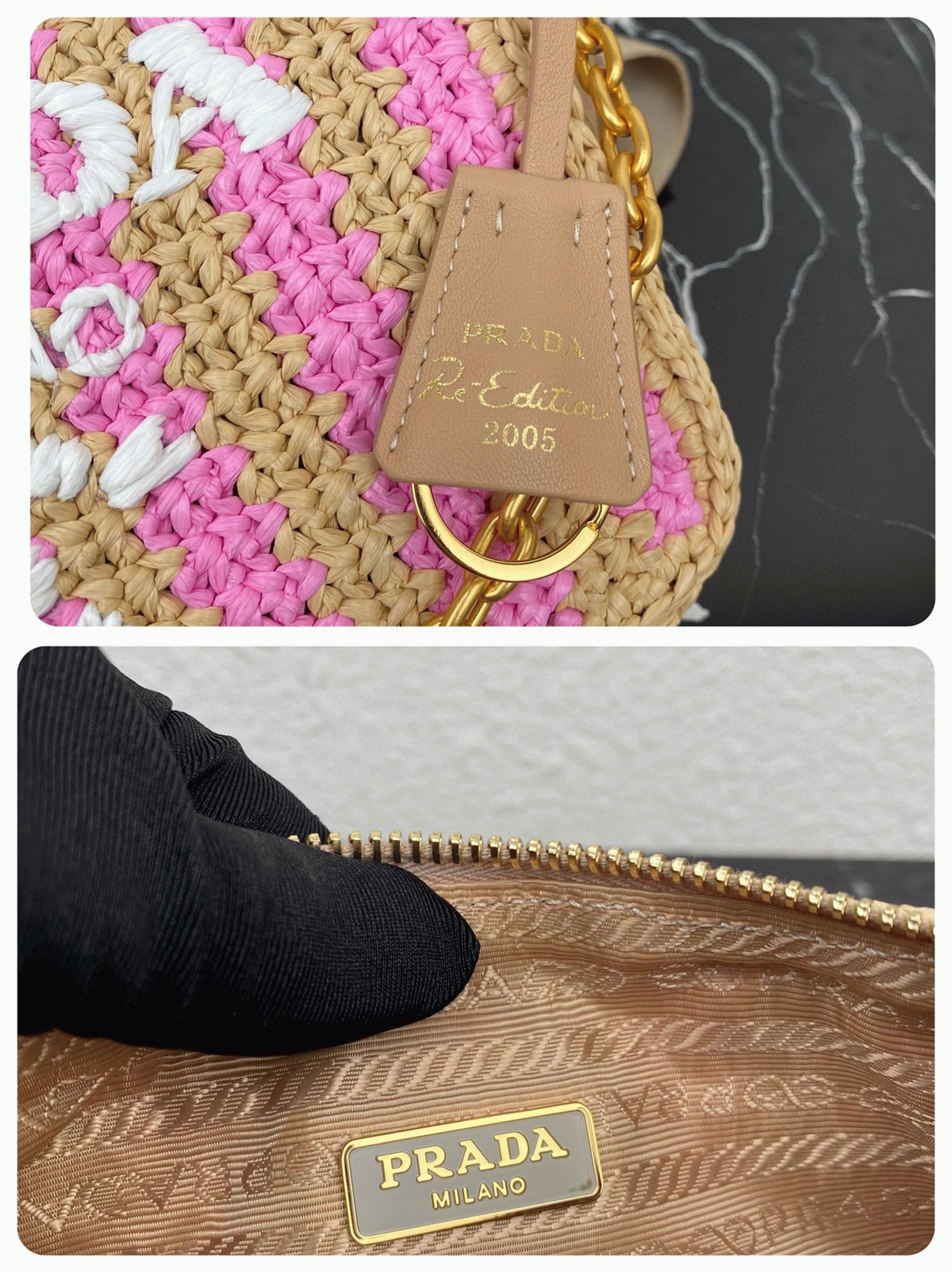 Prada Re-Edition Bag Knockoff in Beige and Pink Stripe angle 4
