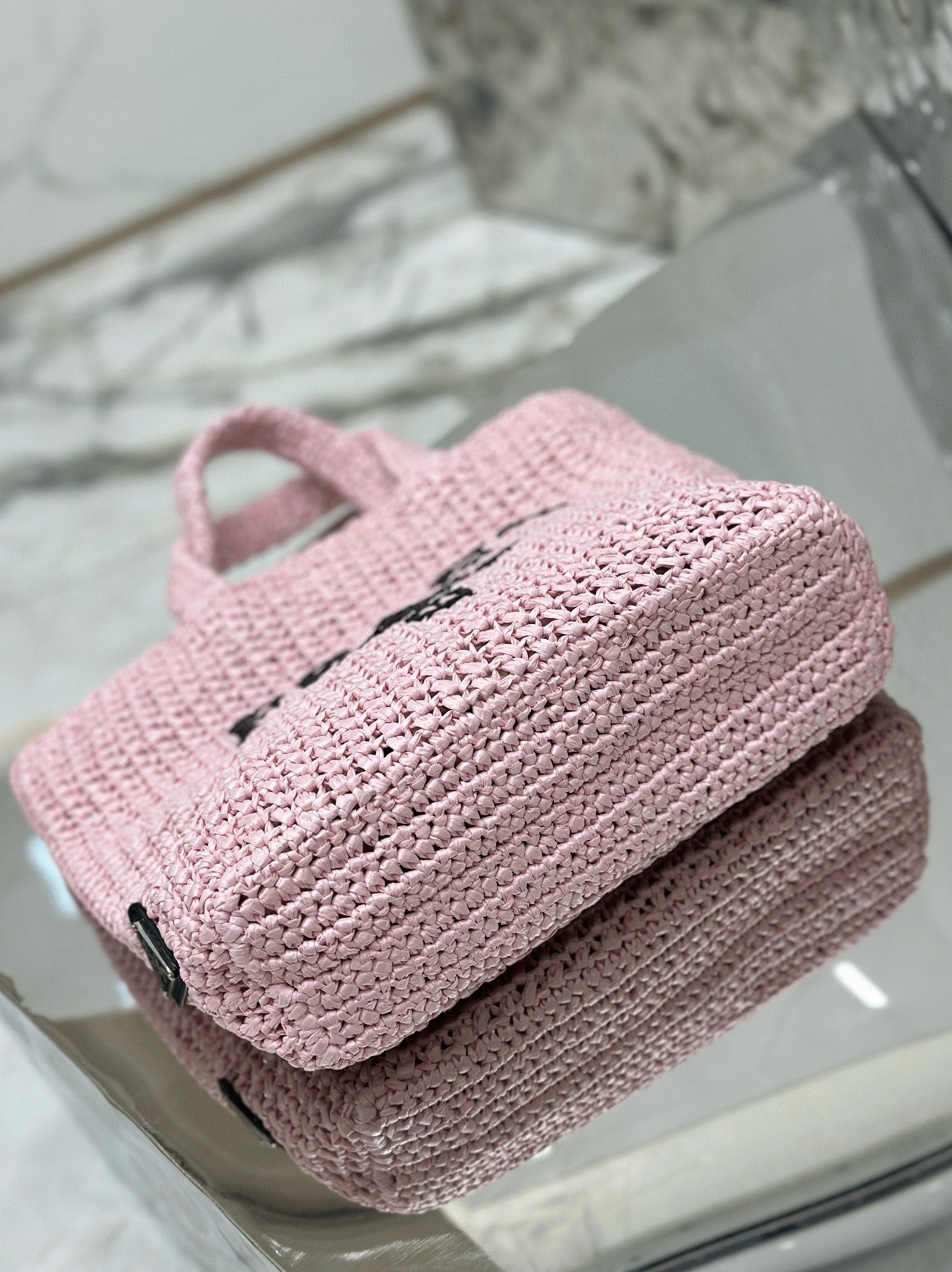 Prada Small Crochet Tote Bag Replica in Pink Raffia-effect Yarn angle 4