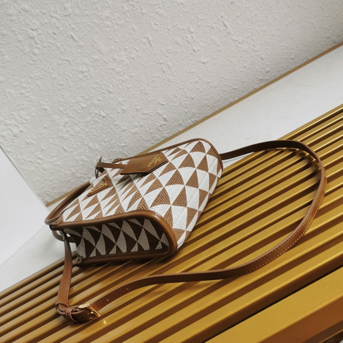 Prada Symbole Micro Bag Replica in White/Brown Jacquard Fabric angle 4
