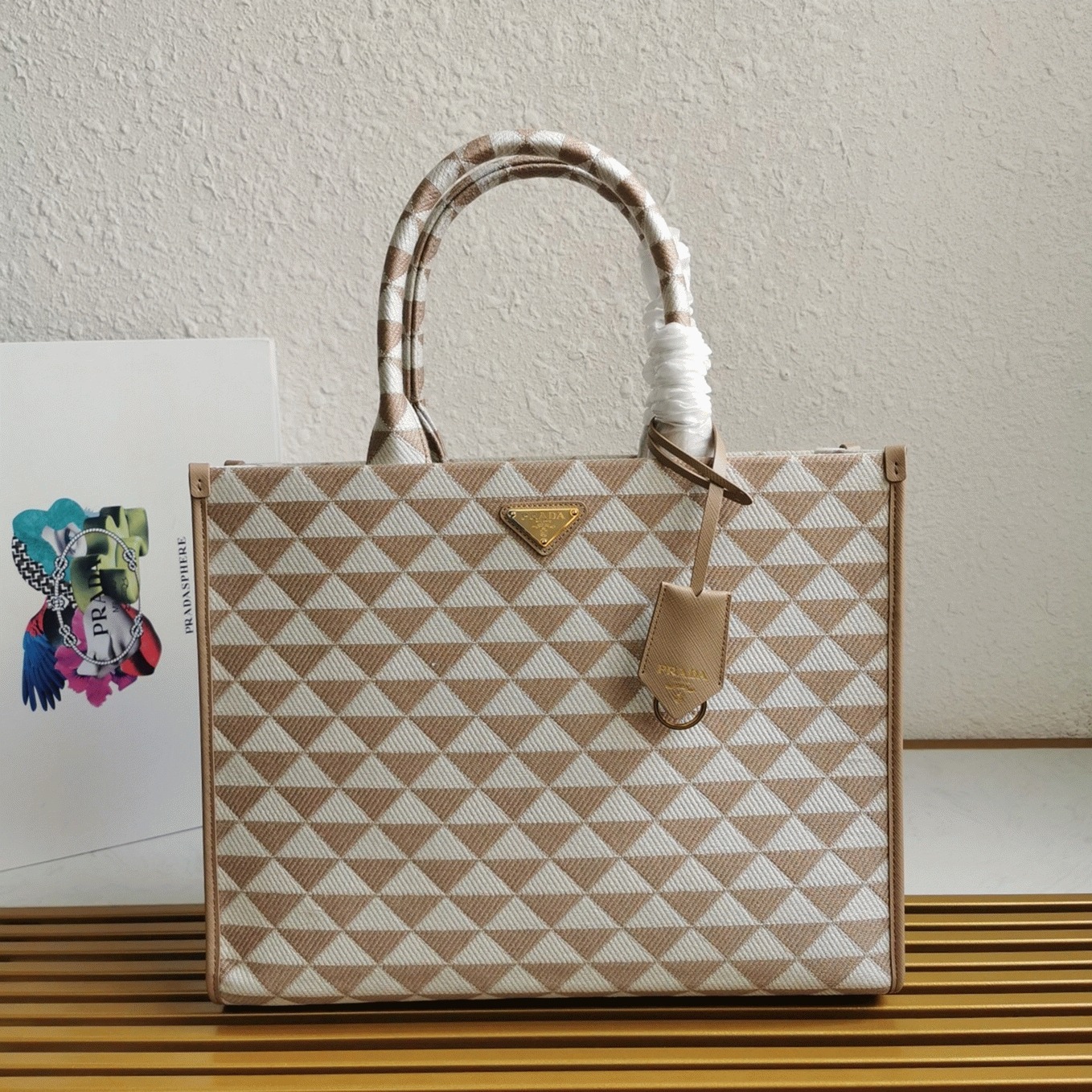 Prada Symbole Large Bag Knockoff in Beige/White Jacquard Fabric angle 4